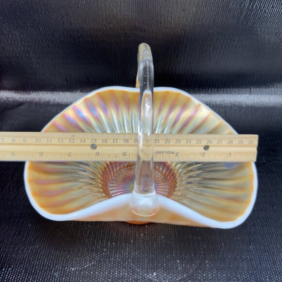 Dugan Caroline Peach Opal Opalescent Carnival Glass Handled Basket Bowl Antique - Picture 4 of 16